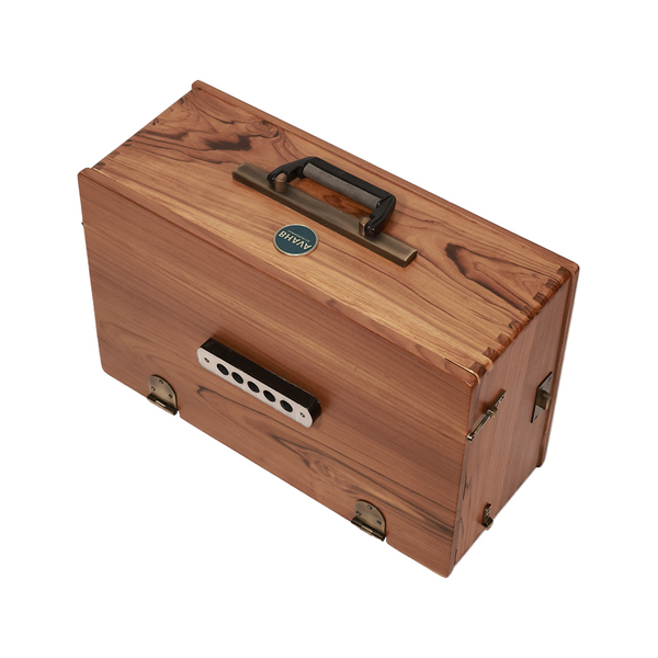 Bhava Mini Concert Edition Teak Harmonium Closed with Carrying Handle Up