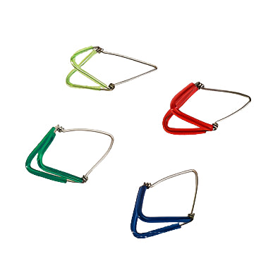 Four mizrabs coated in rubber of varying colors on a white background